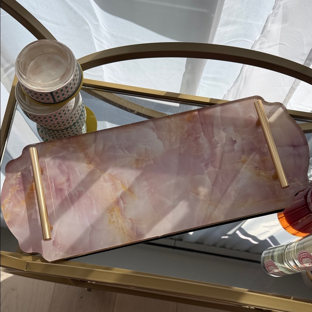 Elegant Pink Marble Serving Tray with Gold Handles